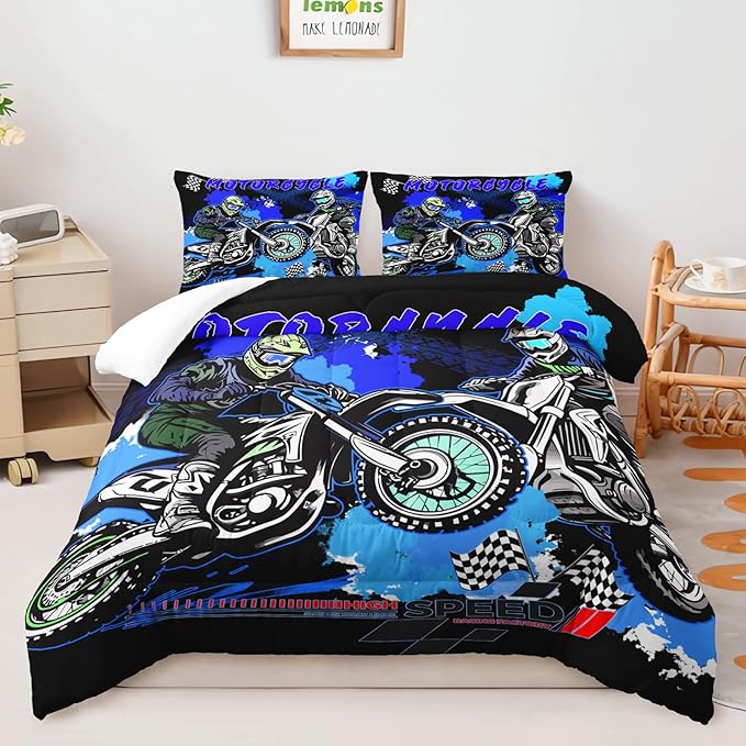 AILONEN Extreme Sport Dirt Bike Bedding Set for Kids Boys Men, Full Size Blue Black Motocross Comforter with 2 Pillowcases,3 Pieces
