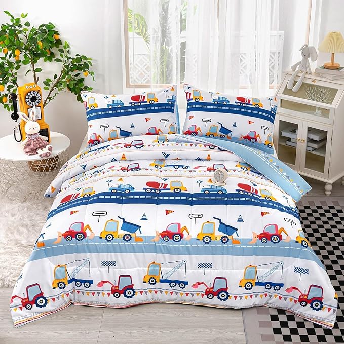 Axolotl Cartoon Car Kids Comforter Set Full,Construction Bedding Set Trucks Excavator Tractor Bed Set with 1 Quilt 2 Pillowcases for Boys Girls Teens Adults Bedroom Decor(Blue Red)
