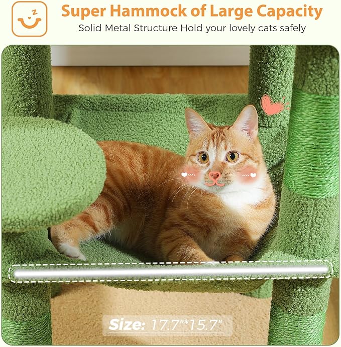 PETEPELA 45.7" Cat Tree for Indoor Cats, Cactus Cat Tower for Large Cats with Metal Frame Large Hammock (17.3"x15.3"), Cat Condo with (18.5"x13") Big Top Perch & 4 Sisal Covered Scratching Posts,Green