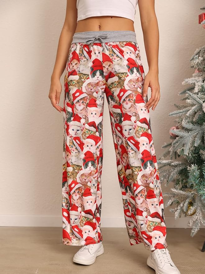ALISISTER Christmas Womens Pajama Pants Casual Comfy Sleepwear Wide Leg Drawstring Bottoms