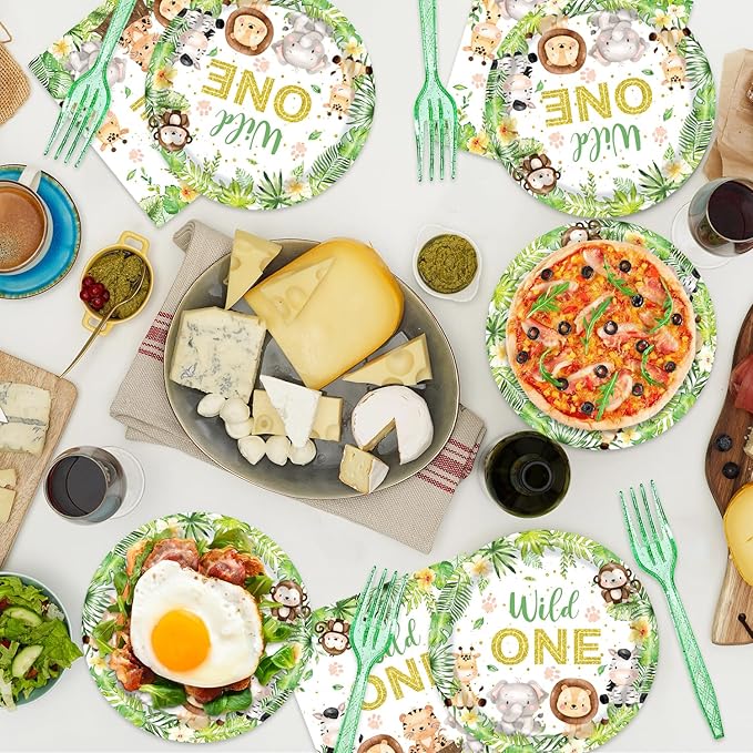 48Pcs Wild One Birthday Decorations Jungle Safari Theme Tableware Set Wild Animals Disposable Plates Napkins Forks Serves 16 Safari Baby Shower Decorations