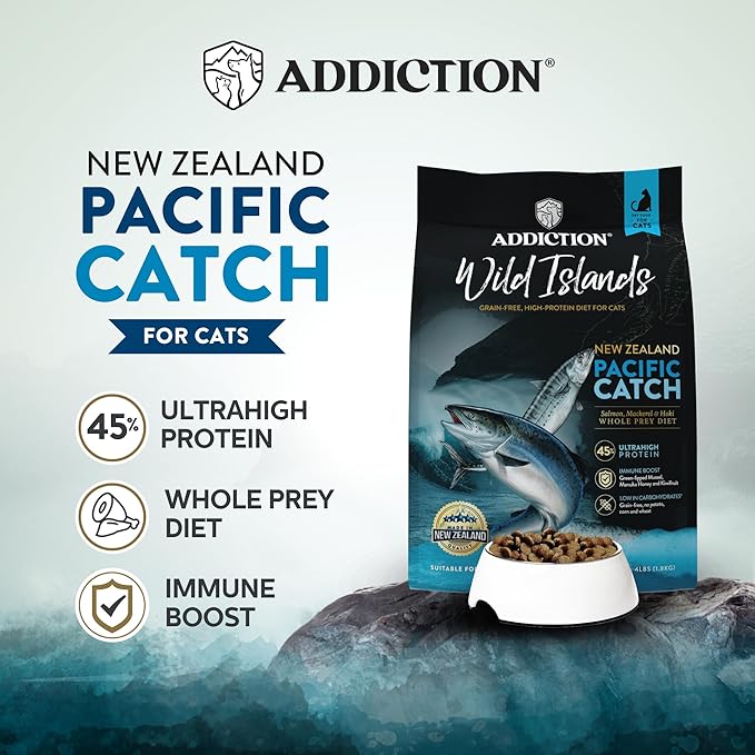Addiction Wild Islands Pacific Catch – Premium King Salmon, Mackerel & Hoki Recipe – 45% Ultra-High Protein, Whole Prey, Grain-Free Dry Cat Food for All Life Stages – 4lbs