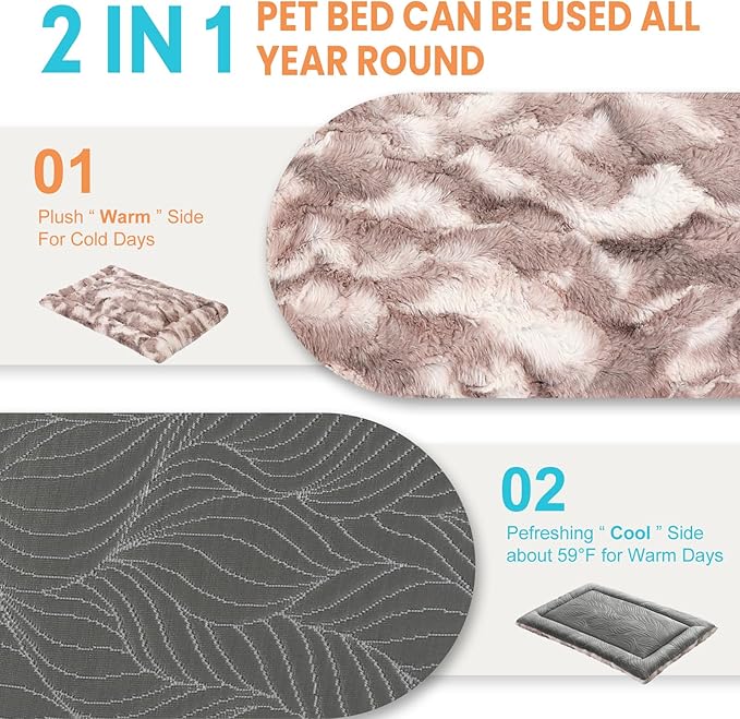 2 in 1 Dog Bed Crate Pad Mat Washable Reversible (Cool & Warm) Soft Fluffy Pet Kennel Beds for Large Medium Small Puppy Cat Sleeping Mattress Machine Wash Dog Cooling Mats (Brown, 29"*21"*1.5")