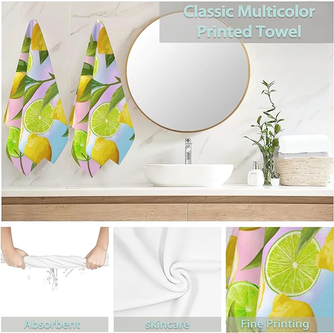 2 Pack Hand Towels for Bath,Yellow Green Lemons Decorative Towels Highly Absorbent Soft Towels for Bathroom Beach Kitchen Spa Gym Face Towel 14x28 Inch