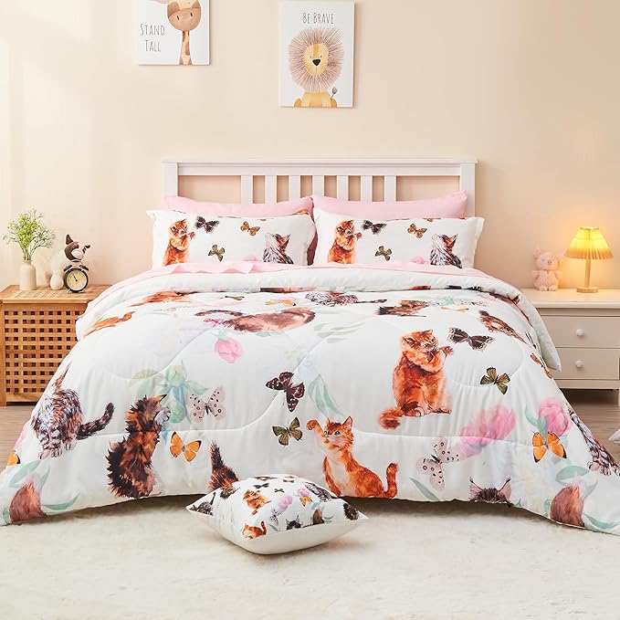 7 Piece Cat Comforter Set Full Size,Kids Girls Bed in A Bag Cute Kitty Butterfly and Flowers Comforter Set for All Season(1 Comforter,2 Pillow Shams,1 Flat Sheet,1 Fitted Sheet,2 Pillowcases)
