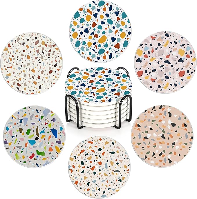 6 Pcs Coasters for Drinks with Holder, Terrazzo Marble Absorbent Ceramic Coasters with Cork Base,Cute Funny Table Drinks Coasters Tabletop Protection Mat,Table Home Decor,4 Inches