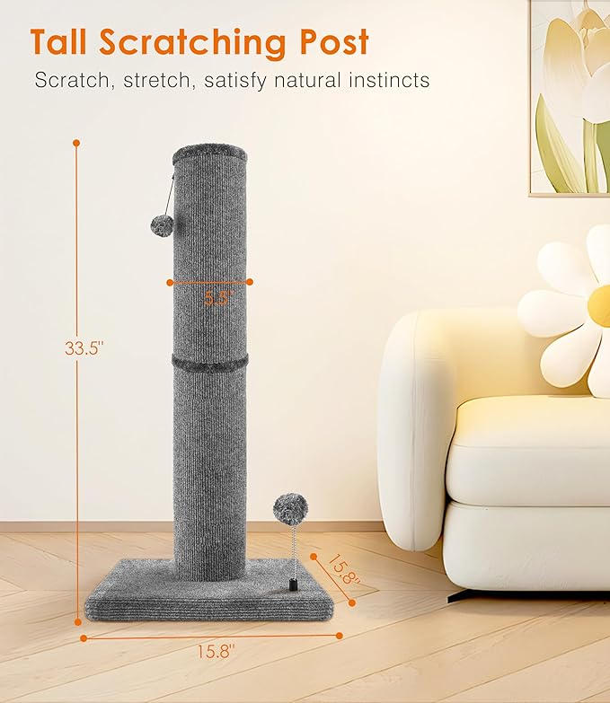 Carpet Craft Cat Scratching Post Heavy Duty for Indoor Large Cats and Adult Cats,Tall and Thicked Carpet Cat Scratcher Furniture Protector Cat Tree Tower with Interactivity Balls,Grey