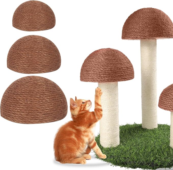PowerKing Replacement Cat Scratching Post Caps, 3 Pieces Natural Sisal Mushroom Caps Cat Scratch Post Refill Parts for Refurbishment Decoration (Brown)