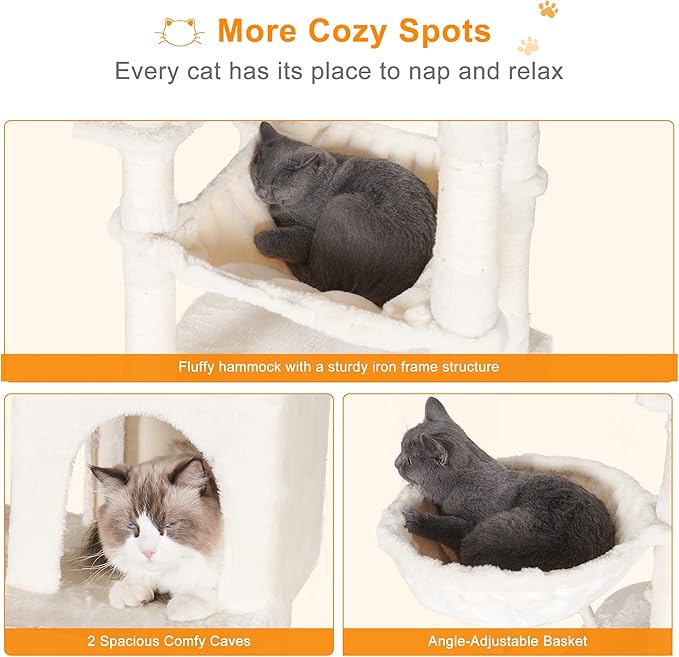 Heybly Cat Tree, 70 inches Tall Cat Tower condo with Toy for Indoor Large Cats, Cat House Furniture with Padded Plush Perch, Cozy Hammock and Sisal Scratching Posts,Beige HCT032M