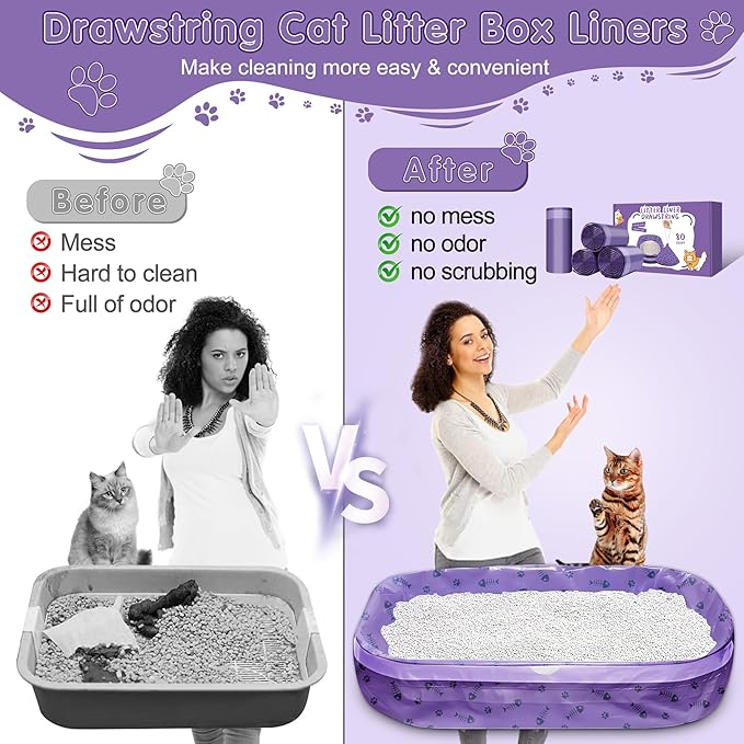 80 Count Jumbo Cat Litter Box Bags, 36" x 18" Drawstring Liners, Heavy Duty and Extra Large, Easy Clean Up, Kitty Waste Bag For Pet Supplies