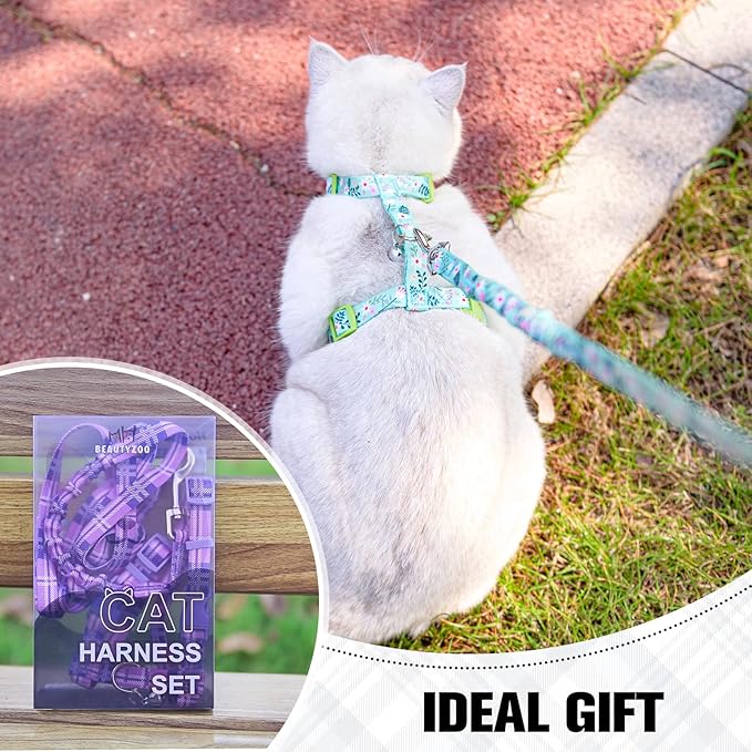 BEAUTYZOO Cat Harness and Leash Set Escape Proof for Walking, Kitten Soft Adjustable Vest Harnesses for Small Medium Large Cats, Easy Control Breathable Plaid Ribbon Nylon for Outdoor Indoor Use