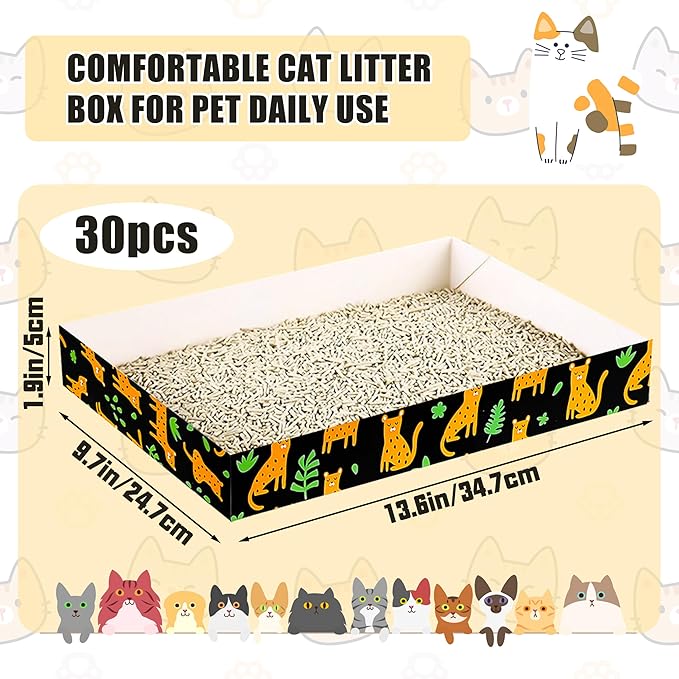 30 Pack Disposable Cat Litter Box, Foldable Paper Litter Box, Travel Cat Litter Box,Non Clumping Durable and Waterproof,Low Entry Easy Disposal,Portable(13.6x9.7x1.9 in)