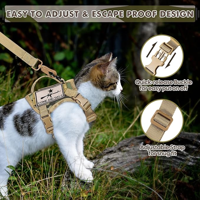 Tactical Cat Harness and Leash, Escape Proof Large Cat Walking Vest,Adjustable Soft Mesh Pet Vest Harness with Control Handle, Molle Patches (Large, Beige)