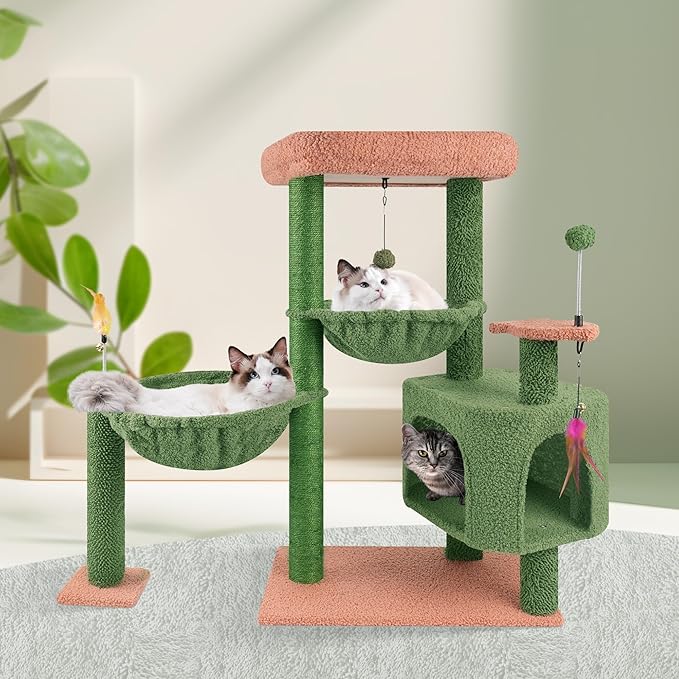 YOUPET 33.46" Cactus Cat Tree Tower with Cat Condo and Scratching Post for Indoor Cats, Activity Center Cat Furniture with Two Big Hammock and Spring Toy Balls, Green