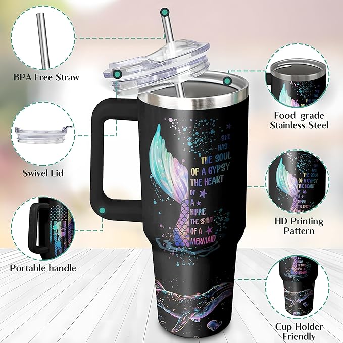 40 Oz Mermaid Tumbler with Handle and Straw, Double Wall Stainless Steel Mermaid Mug, Mermaid Cups Insulated Mermaid Coffee Mug, 40 Oz Leak Proof Mermaid Coffee Cup and Mermaid Gifts for Women