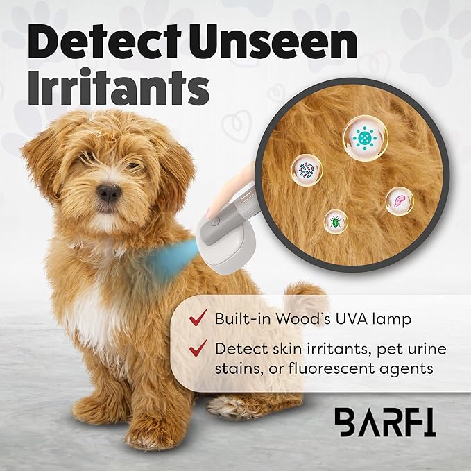 BARFI Pet Brush - Self-Cleaning Pet, Cat, Dog Shedding Brush - Multi-Functional Grooming Tool with Negative Ion Technology, Vibrating Massager, Wood's Lamp (Gray) - Free Pet Bowl