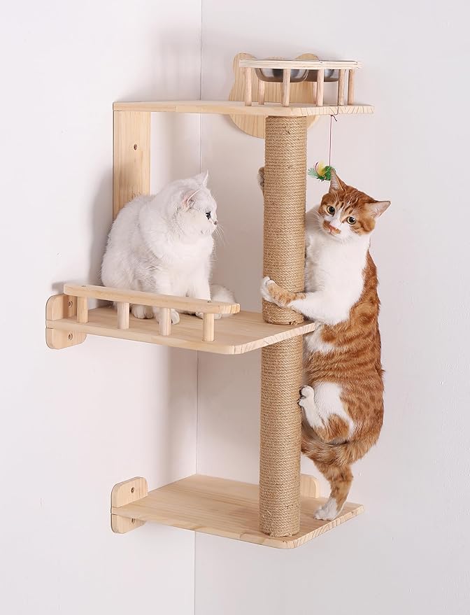 Wall Cat Tree with Feeding Station, 3-Levels Corner Shelf for Indoor Kitten Perching and Climbing, 36" Wooden Mounted Tower Playground