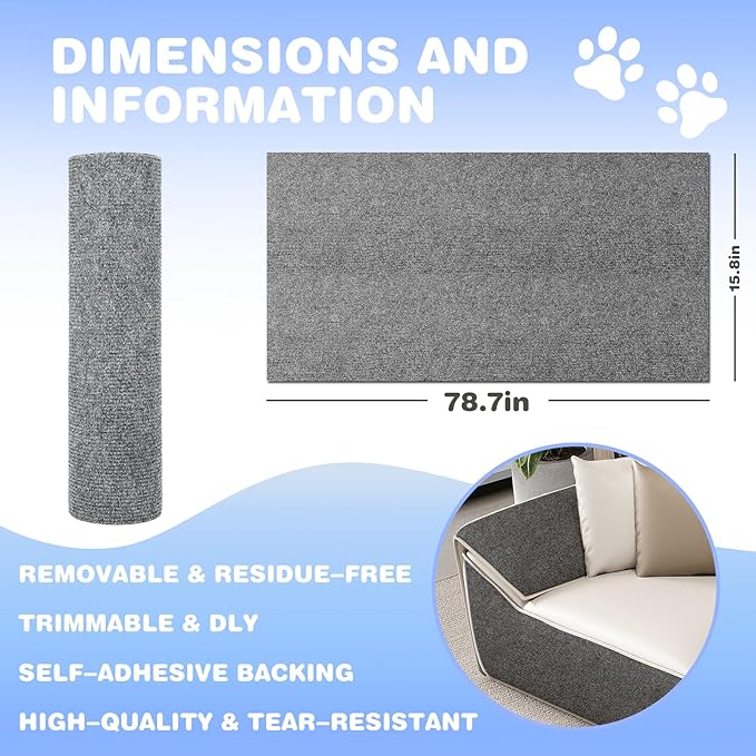 Cat Scratching Mat 78.7"x15.8" Self-Adhesive Cat Furniture Protector, Climbing Cat Scratch Pad for Cat Tree, Sofa, Wall, and Furniture DIY Protection (Gray)