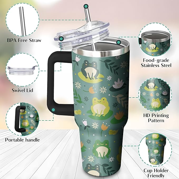 40 Oz Double Wall Frog Tumbler with Handle, Straw and Insulated Leak Proof Mug | Frog Gift for Women & Lovers