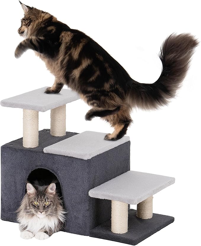 3-in-1 Pet Stairs for Cats, Dog Steps for Small Doggie,7.8'' Depth Cat Stairs,Indoor Cat Ladders for High Bed for Pet's Joints, Soft Plush, 1 Big Cat Condo Cave, Sisal Scratching Posts, Grey, Large
