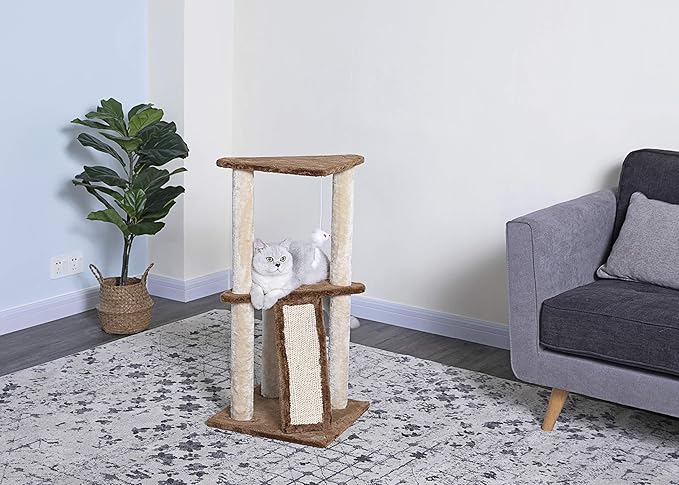Go Pet Club Everyday Value 35in Corner Cat Tree Kitty Scratcher Tower Kitten Condo House Furniture with Scratching Board & Hanging Toys for Indoor Cats, Beige/Brown