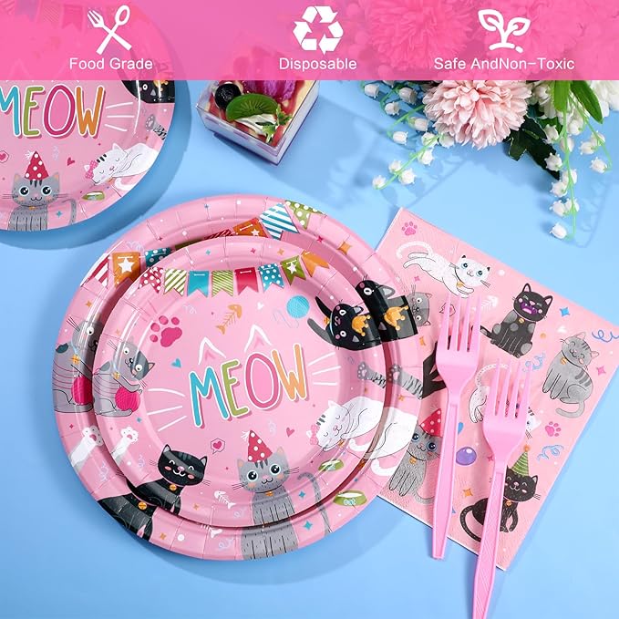 122 Pcs Cat Birthday Party Supplies Disposable Cat Themed Tableware Include 24 Dinner Plates 24 Dessert Plates 50 Paper Napkins 24 Forks Kitten Birthday Party Decoration for 24 Guests(Pink)