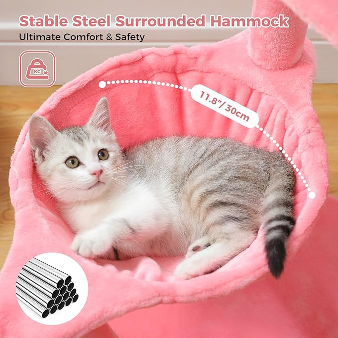 PETEPELA 34.2'' Cat Scracthcing Post, Tall Cat Scratcher with Large Cat Hammock [Dia=30CM], Flamingos Natural Sisal Cat Scratch Post, Pink Small Cat Tree Tower for Indoor Cats&Kittens