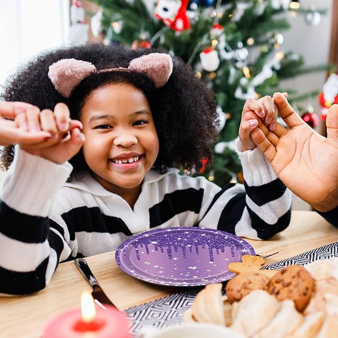 96 Pcs Purple Silver Plates and Napkins Party Supplies, Disposable Forks Paper Dessert Tableware Glitter Decorations Birthday Table Dinnerware Favors Set, Serves 24