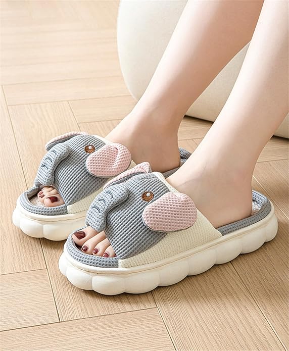 AZCHEN Women's Animal Cartoon Pig Slippers - Cute and Comfortable Linen Plush Slippers for Home