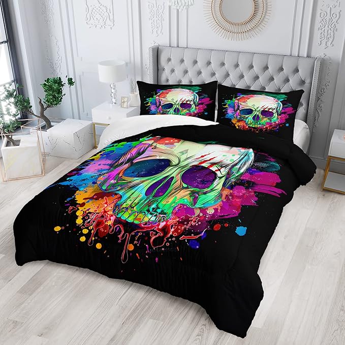 AILONEN Skull Comforter Set for Teen Boys, Skull Pattern Printed Bedding Sets,Skeleton Theme Bed in a Bag Quilted Duvet Full Size,1 Comforter 2 Pillowcases 3 Piece