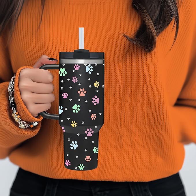 AMZUShome 40 OZ Paw Tumbler with Handle.Dog Cat Lover Paw Gifts.Unique Birthday Christmas Gifts for Dog Cat Paw Lover.Personalized 40 OZ Paw Tumbler Gifts for Women Men.