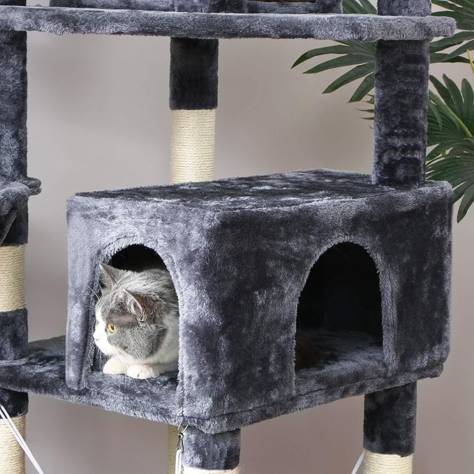 BEWISHOME Cat Tree 66.3 Inch Multi-Level Large Tall Cat Tower with Plush Top Perches, Sisal Scratching Post Cat Condo Play House Kitty Activity Center MMJ14H