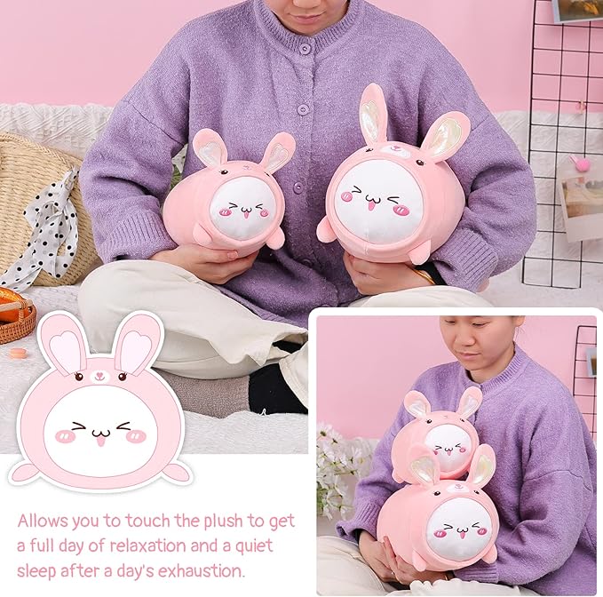 AIXINI Cute Cat Rabbit Plush Pillow 15.7” Kitten Bunny Stuffed Animal, Soft Kawaii Cat Plushie with Rabbit Outfit Costume, Hugging Plush Squishy Pillow Toy Gifts for Kids