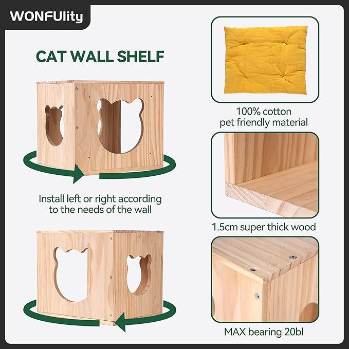 WONFUlity Cat Shelves and Perches for Wall, Cat Hammock Wall Mounted Cats Shelf and Climbing Shelf with Sisal Scratching and Climbing Bridge Step Modern Cat Bed &Cat Furniture