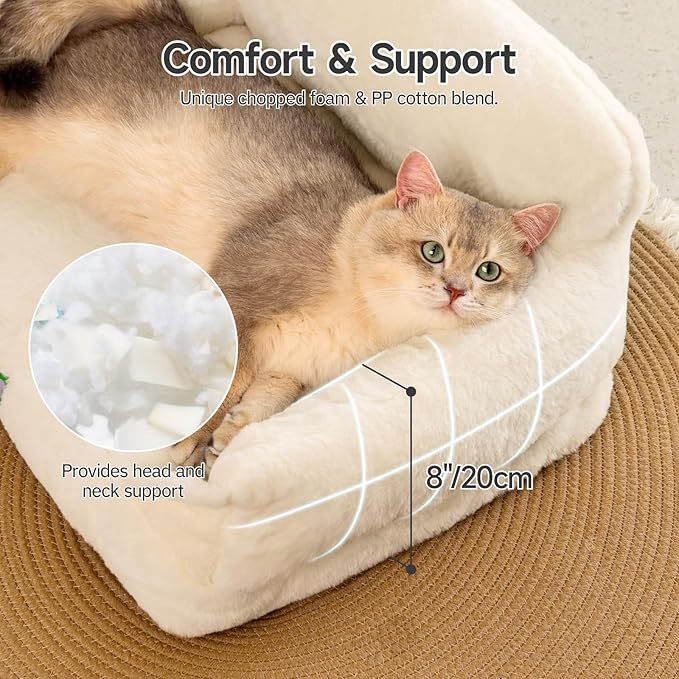 MEWOOFUN Cute Cat Couch Beds for Indoor Cats, Washable Fluffy Cat Chair with Removable Cover, Supportive Dog Couch Bed for Small Dogs with Non-Slip Bottom, Cat Sofa for Cats and Small Pets (White, M)