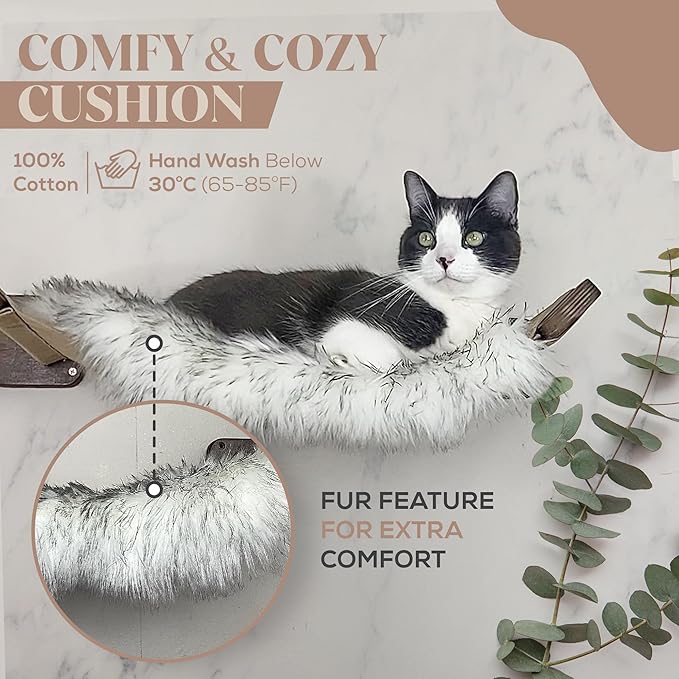 Cat Wall Hammock with Plush Cushion and Two Steps - Cat Wall Shelves Set and Perches for Playing, Climbing, and Sleeping - Wooden Cat Wall Bed - Cat Shelves for Wall Large Cats Set
