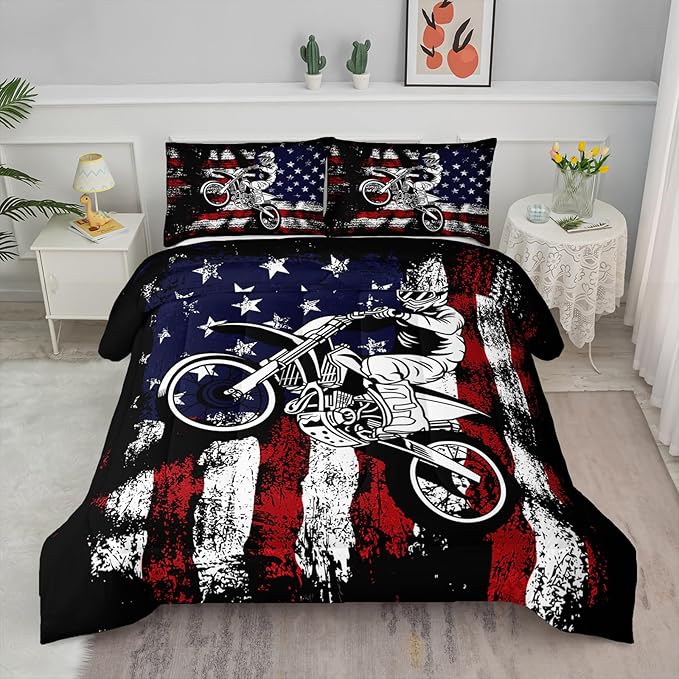 Axolotl Motivational Dirt Bike American Flag Bedding with White Red Stripes Stars Motorcycle Racer Comforter for Boys Kids Teens Men - 1 Quilt 2 Pillowcases