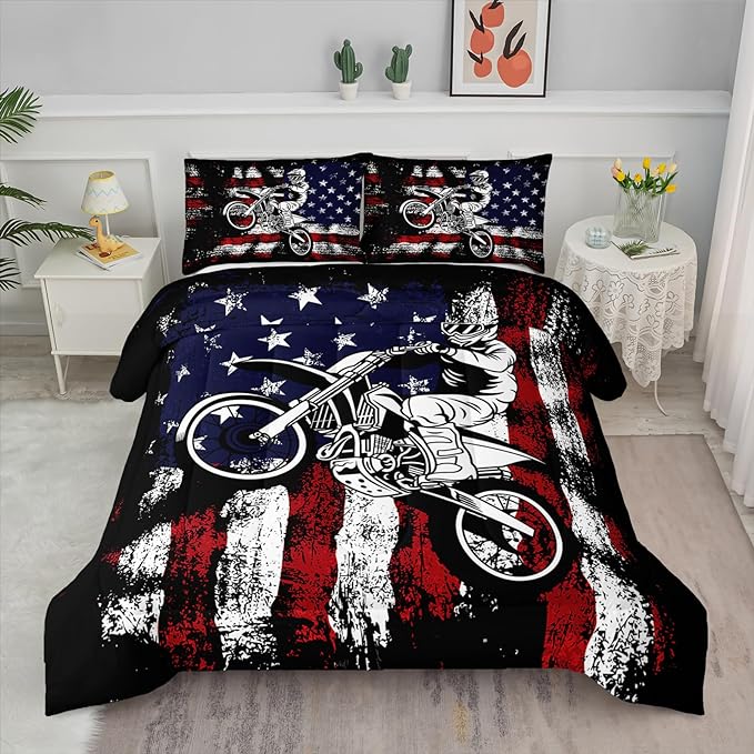 Axolotl Dirt Bike Comforter Set Queen,American Flag Bedding Set,Motocross Comforter Set,White Red Stripes Stars Comforter Set,Motorcycle Racer Comforter for Boys Kids Teens Men,1 Quilt 2 Pillowcases