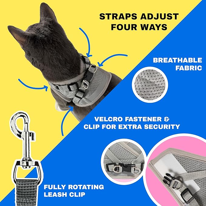 Travel Cat Harness and Leash Set - Adjustable Fit Mesh Cat Harness and Reflective Strap - Comfort Escape Proof Harness for Cats, Kitten for Outdoor Walking, Hiking (Small, Grey)