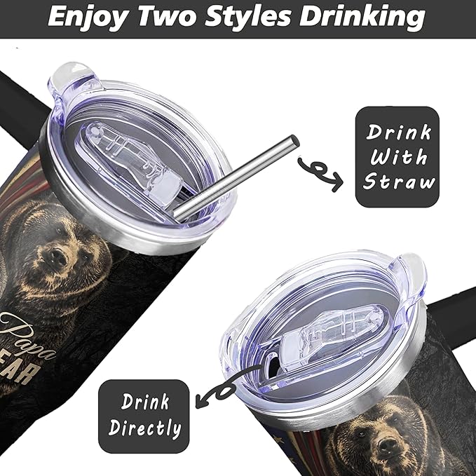40 Oz Papa Bear Tumbler with Handle and Straw, Double Wall Stainless Steel Cup, 40 Oz Leak Proof Insulated Mug, Bear Gifts for Dad and Fathers Day Gift
