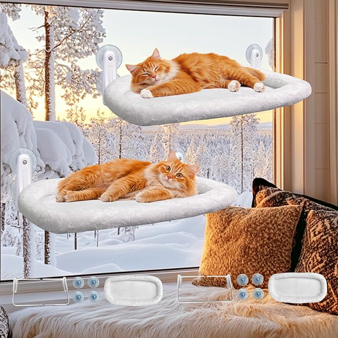 L&W BROS. Cat Window Perch 2 Pack Cat Hammock with 4 Suction Cups Easy to Assemble 20.5"x 11.2" Cat Window Bed for Large Heavy Cats Indoor(M 2Pc with Bed)