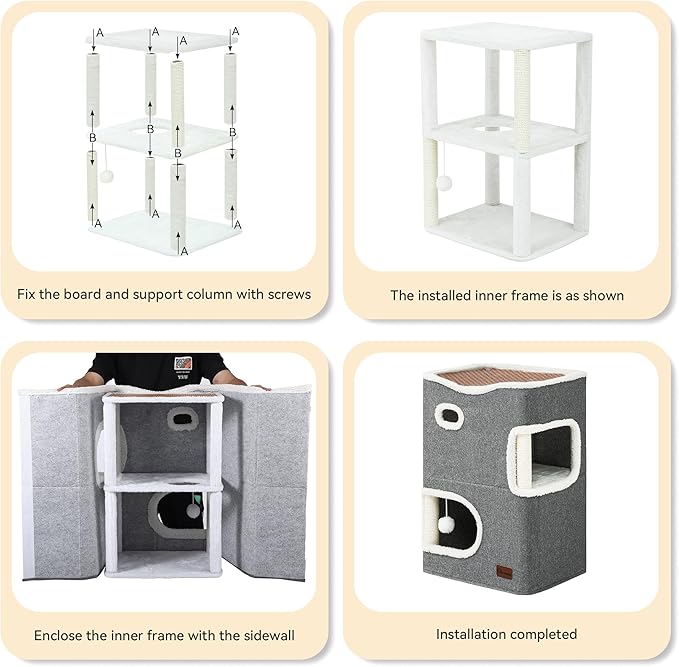 YITAHOME 2-Tier Cat House, Indoor Cat Cave Bed Playhouse, Flannel & Cool Mat, Covered Cat Beds with Scratch Pad and Hideaway Cave, Cute Modern Cat Condo Furniture for Multi Small Cats, Grey