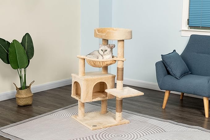 Go Pet Club Everyday Value 37in Cat Tree Tower Cat Condo Comfy Large Perch, Scratching Posts, Dangling Mouse and Hammock, Cat Play Tower for Cats and Kittens, Beige