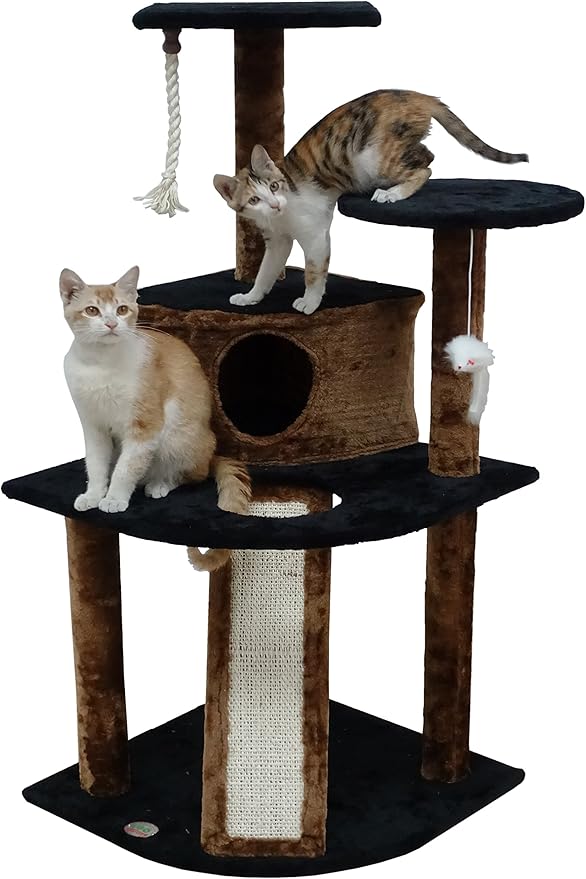 Go Pet Club Everyday Value 47in Corner Cat Tree Kitty Condo Kitten Scratcher Tower House Furniture with Hanging Toys for Indoor Cats, Brown/Black