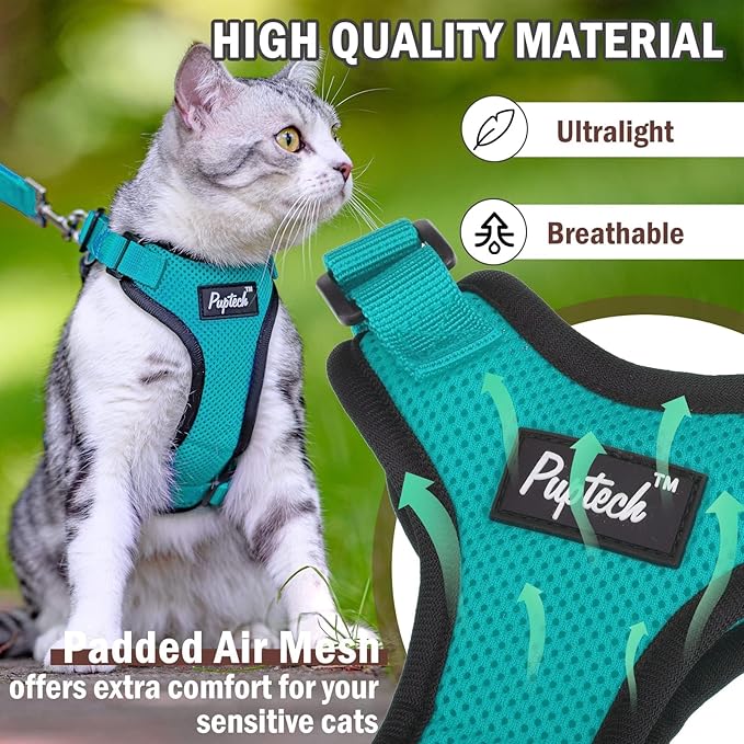 PUPTECK Cat Harness and Leash Set Escape Proof for Walking, Breathable Mash Vest Adjustable Harness for Cats Puppy Small Animals, Reflective at Night, Green Medium