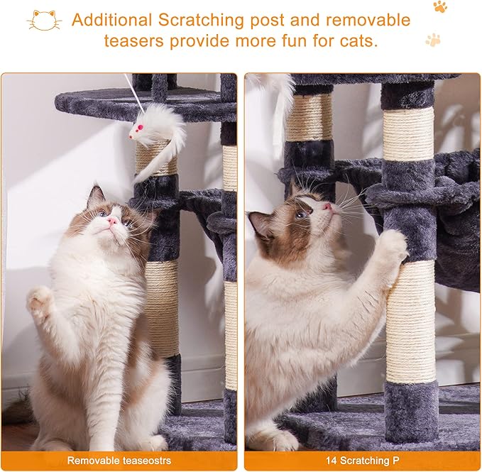 Heybly Cat Tree, 70 inches Tall Cat Tower condo with Toy for Indoor Large Cats, Cat House Furniture with Padded Plush Perch, Cozy Hammock and Sisal Scratching Posts,Smoky Gray HCT032G