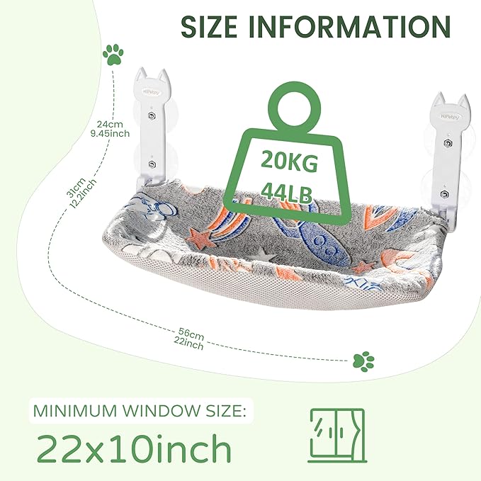 Cat Window Perch, Glow in The Dark Foldable Cat Hammock with Sunken Design & Removable Soft Cover, Breathable Cordless Window Bed for Resting Indoor Kitten (Grey, 1 Pack)