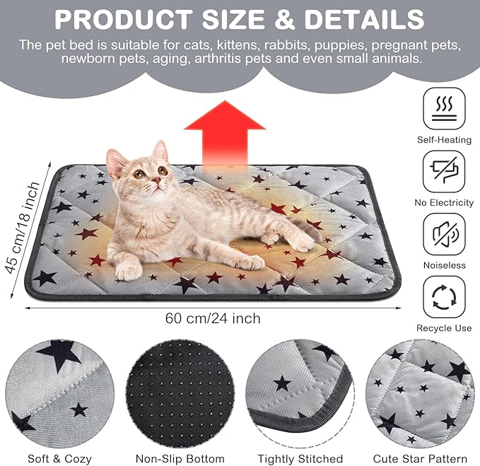Self Warming Cat Bed Self Heating Dog Mat Star Pattern Warm Thermal Pet Pad Reflects Body Heat Washable Soft Puppy Crate Pad Anti Slip Kennel Mat Blanket for Indoor Pets(18 x 24 Inches)