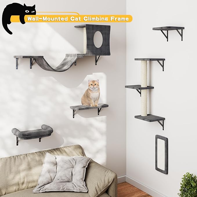Wall Mounted Cat Furniture, 6pc Cat Wall Furniture, Cat Climber with Cat House, Bridge, Tree, Steps, and Scratcher, DIY Cat Walls Playground, Cat Shelves for Indoor Wall Furniture Set - Dark
