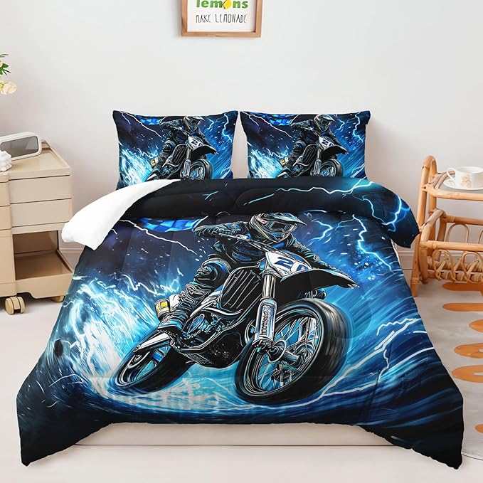 AILONEN Boys Extreme Sport Dirt Bike Bedding Set Queen Size, 3-Piece Blue Black Speed Motocross Comforter with 2 Pillowcases for Kids Men
